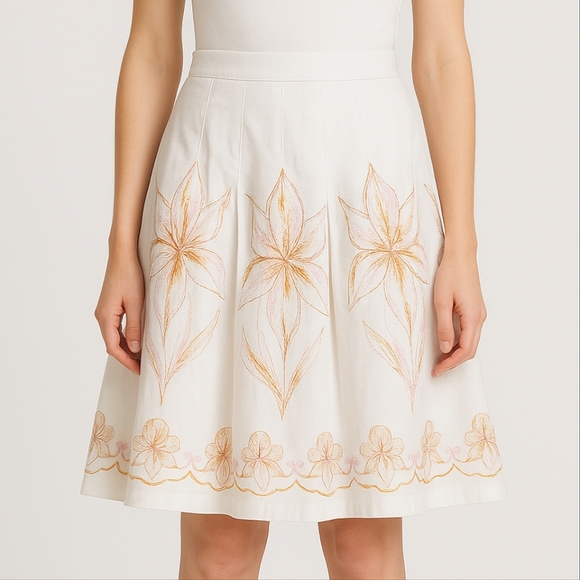 Neiman Marcus Sz‎ Small Off White Floral Embroidered Vintage Midi Pleated Skirt - Picture 1 of 11